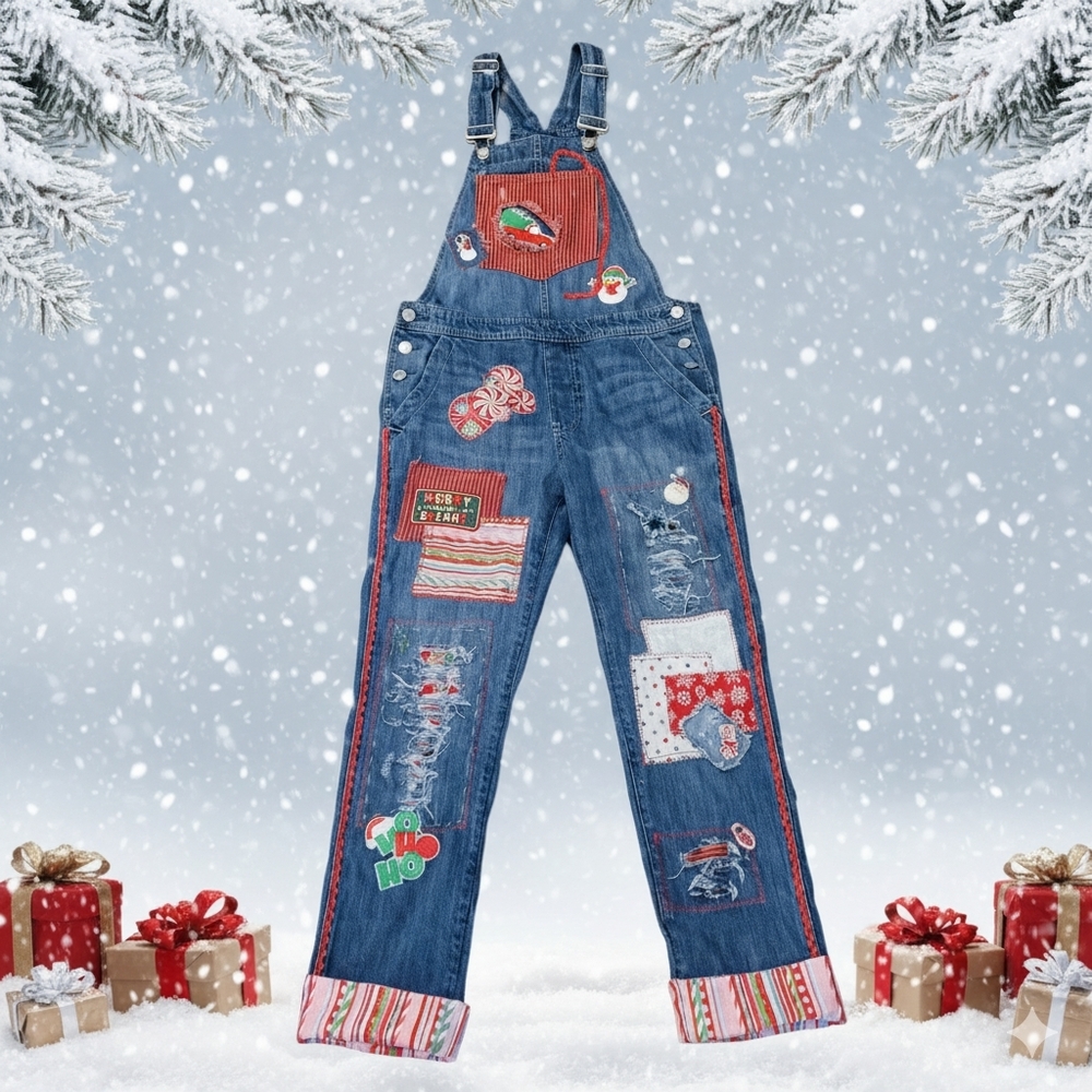 Gap Upcycled Custom Holiday Patchwork Overalls Xs… - image 4